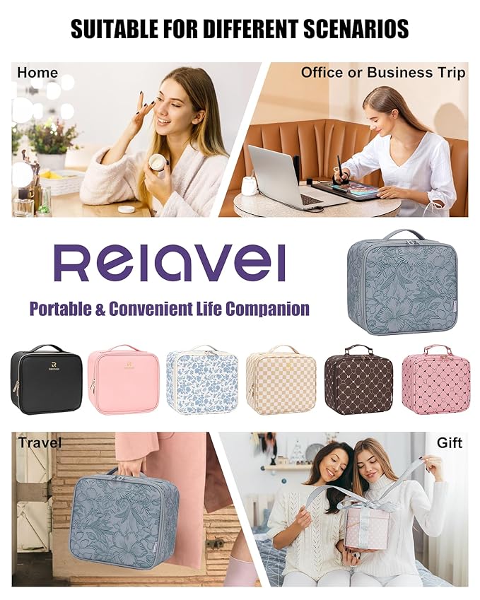 Relavel Travel Makeup Bag With LED Mirror for Women, Cosmetic Organizer Bag with Adjustable Brightness in 3 Color Scenarios, Detachable Dividers, Waterproof Train Case for Daily - Dark Blue FLowers