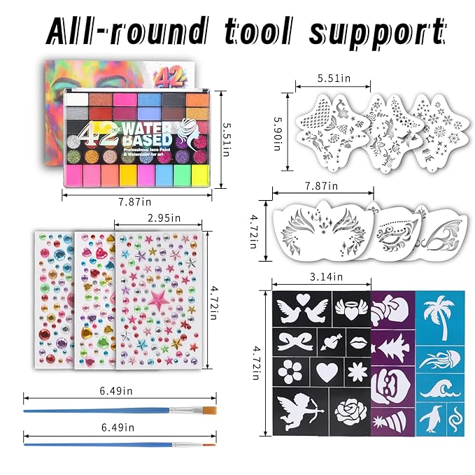 42 Color Face Paint Kit for Kids, Brushes, Sponges, Gems, Stickers, Non-Toxic Water-Based Makeup Palette Face Painting Kit for Kids Ideal Halloween, Parties, Festivals, Body Art & More