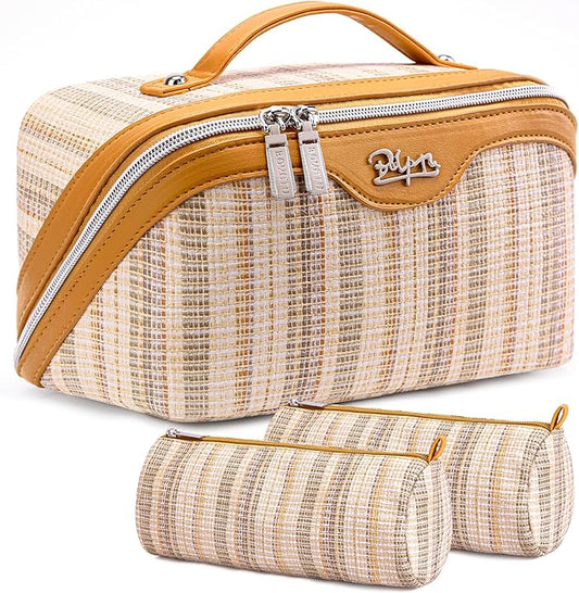 Travel Makeup Bag for Women: Large Capacity Open Flat Make up Bag Set of 3 - Vegan Leather Cosmetic Bag with Compartments - Waterproof Toiletry Bag with Handle & Divider(Gold)