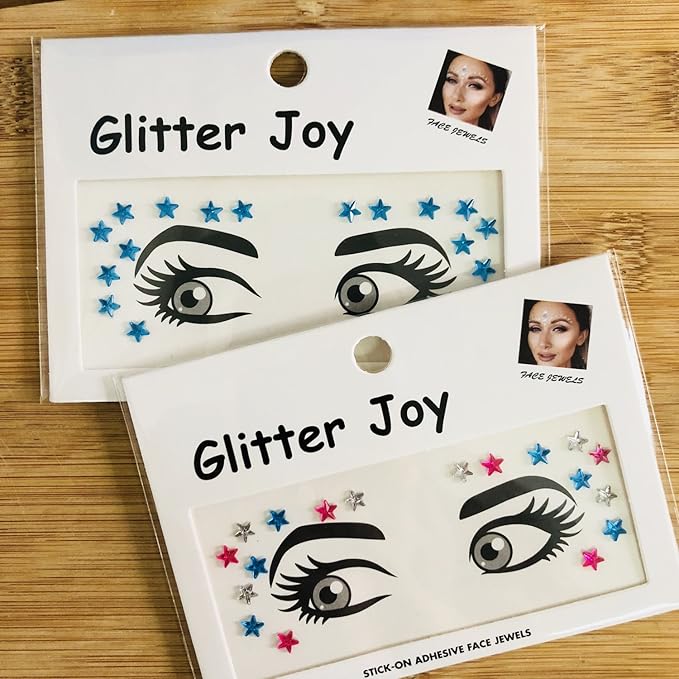 Eye Corners Face Jewels White Red Blue Star 4th of July Face Gems Tattoo Decorations Jewels Body Glitter Crystal Sticker Temporary Face Tattoo for 4th of July Costume Accessories, 2-Pack