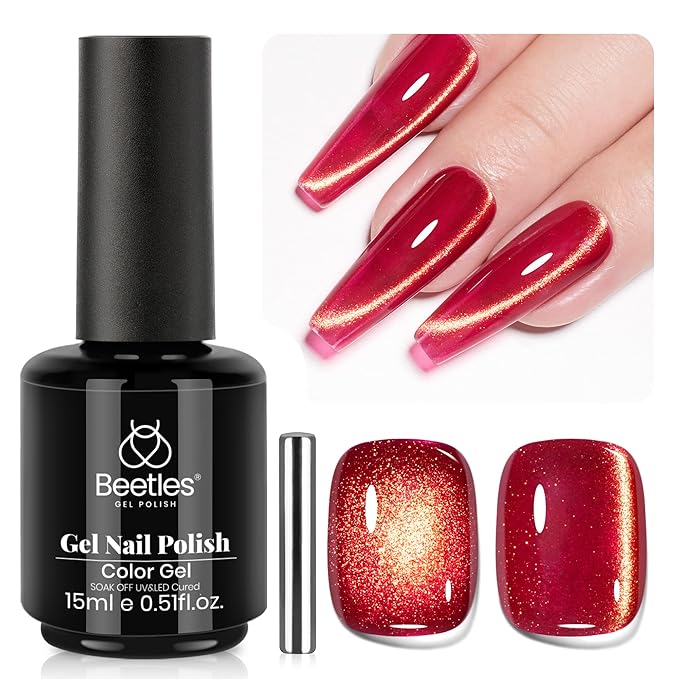 Beetles Red Cat Eye Gel Nail Polish - 15ML Cherry Red Glass Magnetic Cat Eye Glitter Gel Polish with Gold Powder Soak Off UV Twilight Toast Collection Nail Art Design Manicure Gifts for Women