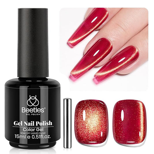 Beetles Red Cat Eye Gel Nail Polish - 15ML Cherry Red Glass Magnetic Cat Eye Glitter Gel Polish with Gold Powder Soak Off UV Twilight Toast Collection Nail Art Design Manicure Gifts for Women