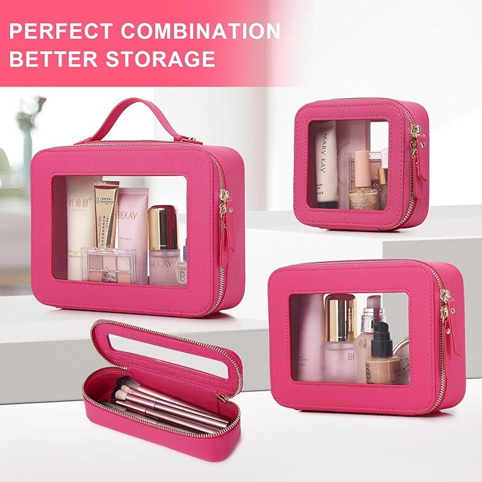 Pinkmik Clear Makeup Bag for Women Waterproof Travel Cosmetics and Toiletries Case Portable Makeup Oaganizer Bag Clear Car Bag with Zipper (X/Fuxia, M)
