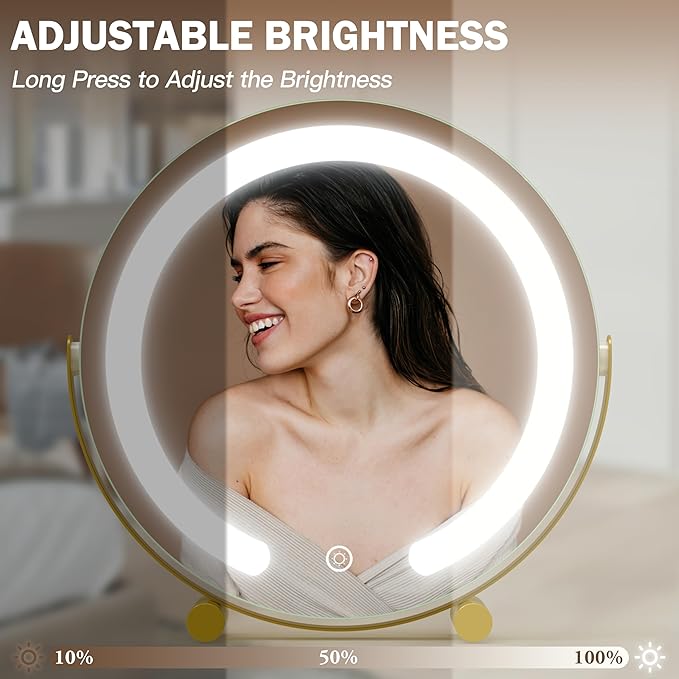 Gold Vanity Mirror, 12 Inch Makeup Mirror with Lights, Large Lighted Vanity Mirror, Light Up Mirror with Smart Touch 3 Colors Dimmable, Tabletop, 360° Rotation
