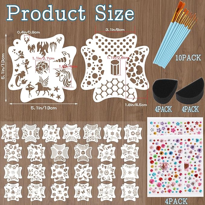 47 Pcs Face Paint Stencil Kit – 25 Sets Reusable Flowers Plants Sports Shapes Face Painting Templates with 265 Designs, Brushes, Sponges & Stickers – Body Makeup Stencils for Kids Halloween Party