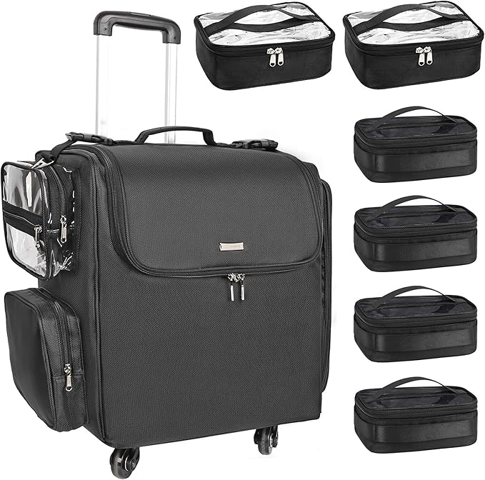 Relavel Rolling Makeup Train Case with 6 Pcs Clear Makeup Bags, Hairstylist Traveling Bag with 4 Wheels, Heat Insulation Full Layer, Adjustable Dividers, Hair Tools and Cosmetics Storage Organizer