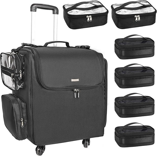 Relavel Rolling Makeup Train Case with 6 Pcs Clear Makeup Bags, Hairstylist Traveling Bag with 4 Wheels, Heat Insulation Full Layer, Adjustable Dividers, Hair Tools and Cosmetics Storage Organizer