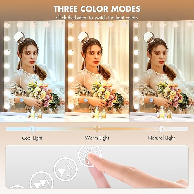 Hasipu Vanity Mirror with Lights and Bluetooth Speaker, 40" x 29" Hollywood Makeup Mirror with 21 Dimmable Bulbs and 10X Magnification, 3 Colors Modes, USB Charging Port, Type-C (White)