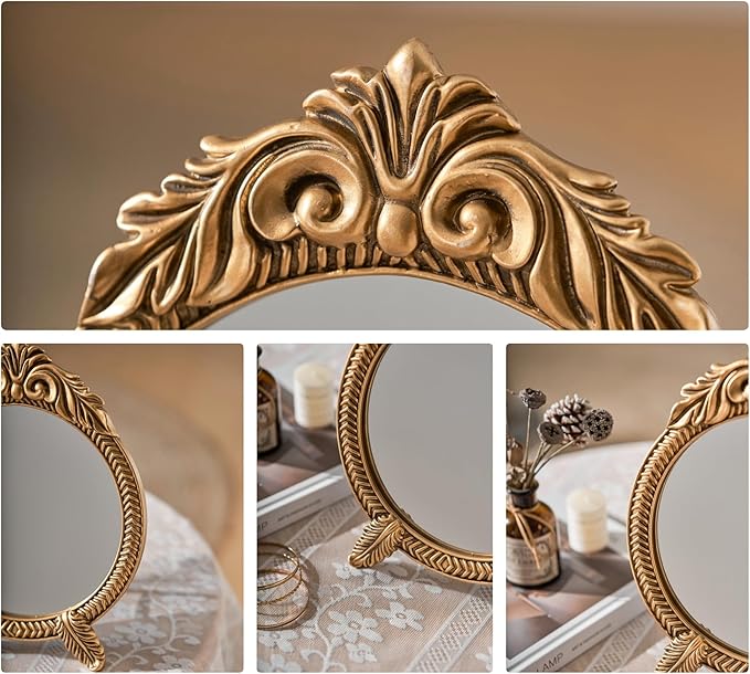 Small Round Gold Vintage Vanity Mirror – 9.5" x 12.5" Small Baroque Desktop Mirror, Antique Freestanding Dressing Table Mirror for Bedroom, Living Room, and Countertop Décor