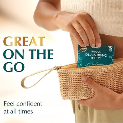 Natural Green Tea Oil Blotting Sheets for Face - 25% Larger - 100 Makeup Friendly Blotting Papers for Face - Easy Dispensing Oil Absorbing Sheets