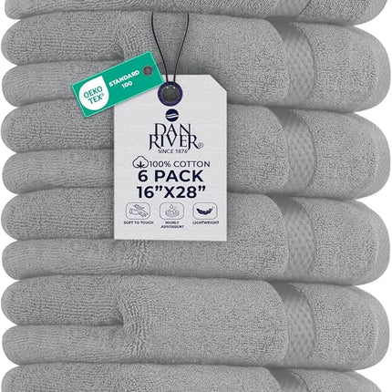 DAN RIVER 6-Pack Premium Hand Towels (16x28 Inches) - 100% Cotton, Ultra Soft, Lightweight, Highly Absorbent Towels for Bathroom, Spa, Gym, Salon, Hotel, and Travel - Silver