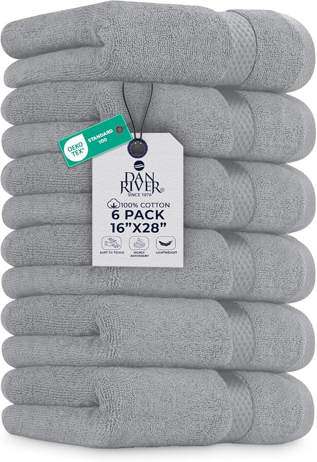 DAN RIVER 6-Pack Premium Hand Towels (16x28 Inches) - 100% Cotton, Ultra Soft, Lightweight, Highly Absorbent Towels for Bathroom, Spa, Gym, Salon, Hotel, and Travel - Silver