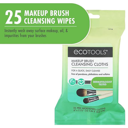 EcoTools Makeup Brush Cleansing Cloths, 25 Count - Quick & Convenient Brush Cleaner
