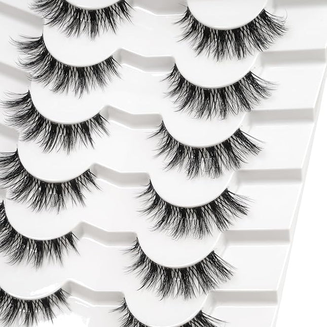 Happy Heartbeat 3D Clear Band Lashes Spiky Cat Eye False EyeLashes D Curl 12mm Short Manga Wispy Natural Reusable Soft Thin Invisible Band Fake lashes 7 Pairs (No.206)