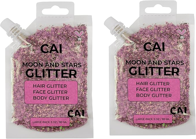 Face, Body & Hair Glitter Gel – Halloween Glitter for Kids and Women – 3 Oz Cosmetic-Grade Gel w/Moon & Stars for Festivals & Halloween Party, Easy Apply & Wash Off - Rose 2Pack