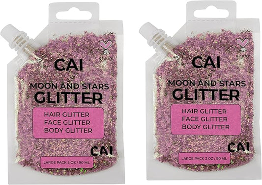 Face, Body & Hair Glitter Gel – Halloween Glitter for Kids and Women – 3 Oz Cosmetic-Grade Gel w/Moon & Stars for Festivals & Halloween Party, Easy Apply & Wash Off - Rose 2Pack