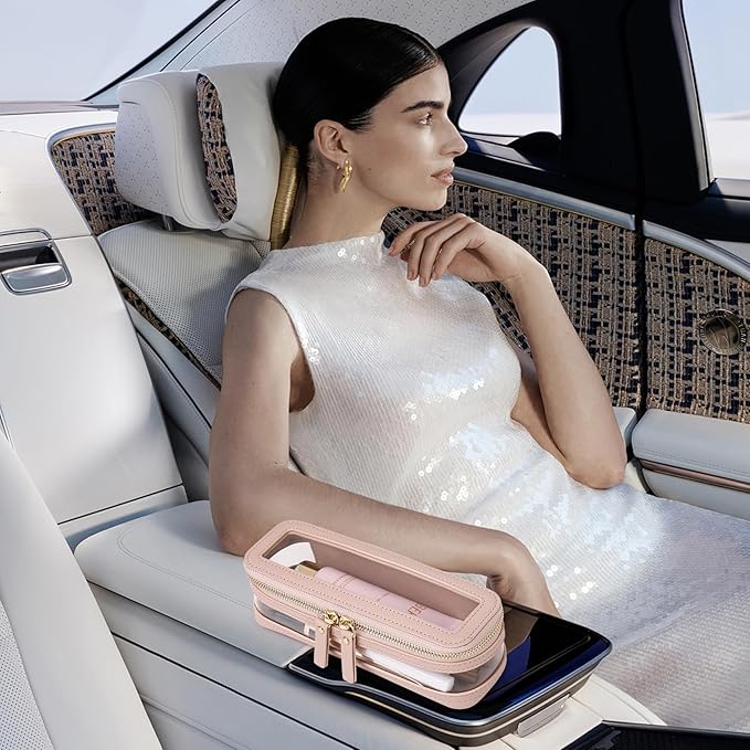 Pinkmik Makeup Brush Case Clear Travel Cosmetic & Toiletry Bag Slim Makeup Bag with Zipper Small Purse Organizer Car Essential Bag for Women (Pink, SLIM-1)