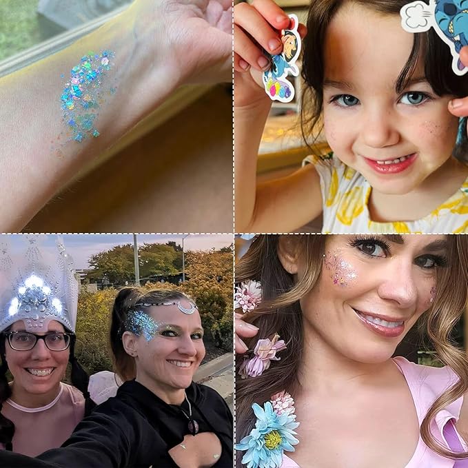 Body Glitter Gel - Sparkly Chunky Glitter Hair for Kids Women, Iridescent Glitter Freckles, Halloween Christmas Singer Concert Festival Rave Accessories (USA Pride Body Glitter)