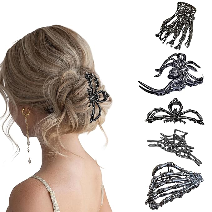 6 Pack Skull Skeleton Hair Claw Clips, Gothic Punk Hair Accessories for Women Girls, Halloween Spider Web Metal Barrettes for Thick Thin Hair Styling (Black Silver)