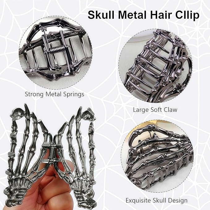Black Skeleton Hand Hair Claw Clips-Metal Black Alloy Nonslip Terror Ghost Hand Strong Hold Hair Jaw Clips Punk Gothic Catch Thick or Thin Hairs Hair Accessories-Hand