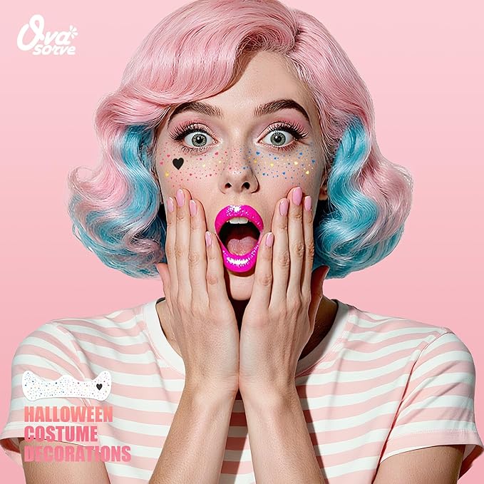 HQ Joker Freckles Face Tattoo - Pink & Blue Temporary Tattoos with Sinister Smiles | Waterproof Face Makeup for Halloween Costume, Zombie Party & Cosplay (8 Sheets)