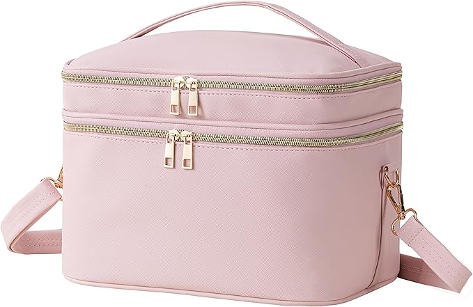 Makeup Bag for Women XL-Large Travel Makeup Bag Organizer Portable Toiletry Bag Cute Makeup Bags Waterproof Leather Cosmetic Bag Makeup Case with Removable Dividers, Pink