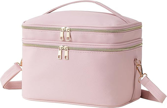 Makeup Bag for Women XL-Large Travel Makeup Bag Organizer Portable Toiletry Bag Cute Makeup Bags Waterproof Leather Cosmetic Bag Makeup Case with Removable Dividers, Pink