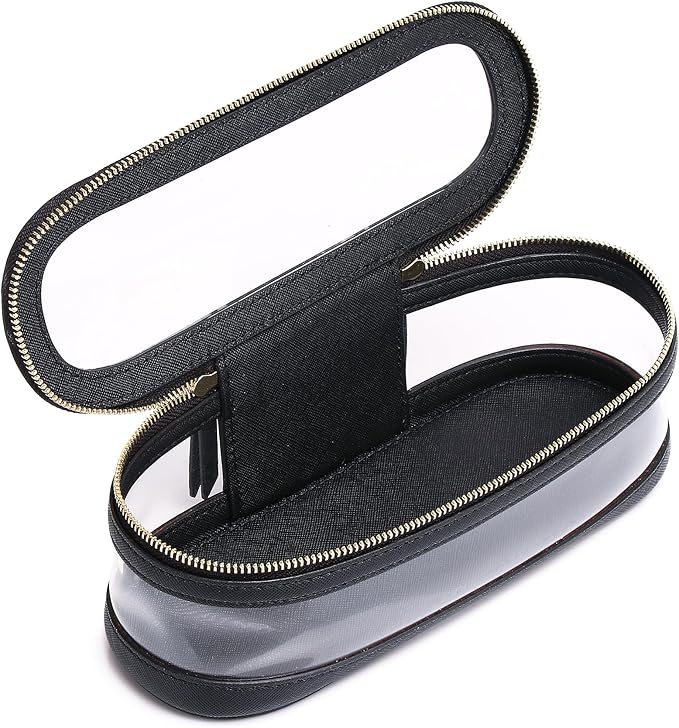 Pinkmik Makeup Brush Case Clear Travel Cosmetic & Toiletry Bag Slim Makeup Bag with Zipper Small Purse Organizer Car Essential Bag for Women (Black, SLIM-2),