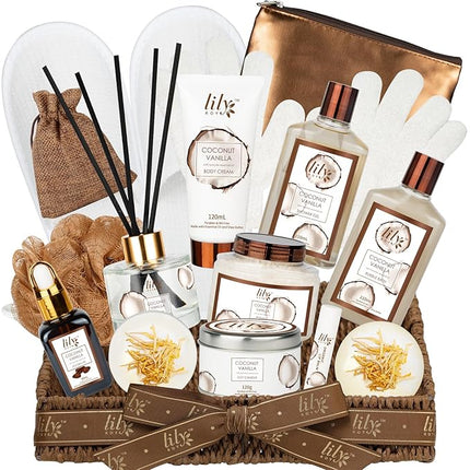 Valentines Day Gifts Bath and Body Gift Basket Set for Women - Coconut Vanilla Gift, Spa Gift Basket 17-Piece Bath Gift Set Self Care Gift for Mothers Day, Fathers Day, Birthday, Christmas Gifts