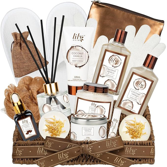 Valentines Day Gifts Bath and Body Gift Basket Set for Women - Coconut Vanilla Gift, Spa Gift Basket 17-Piece Bath Gift Set Self Care Gift for Mothers Day, Fathers Day, Birthday, Christmas Gifts