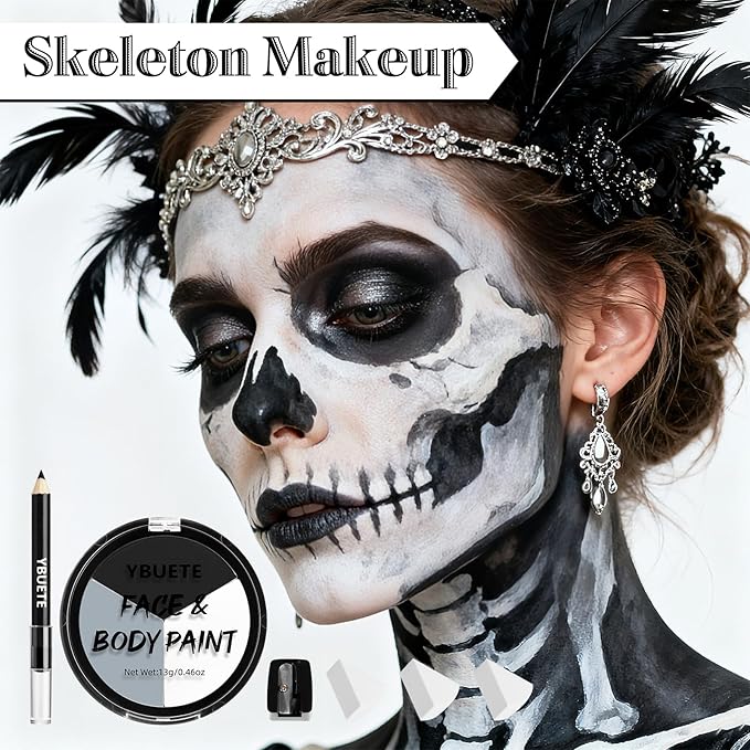 Halloween White White Black Grey Face Painting Kit For Skeleton Goth Skull Makeup, Baseball Softball Sport Games, Cosplay, Costume, Theme Parties and SFX Special Effect