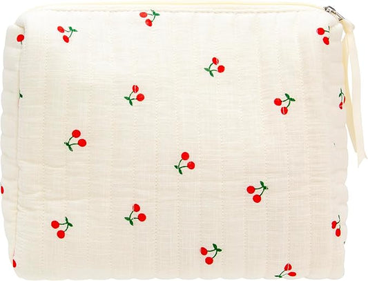 PAZIMIIK Quilted Makeup Bag Large Travel Zipper Soft Cosmetic Pouch for Women Girls Make Up,Cherry Beige