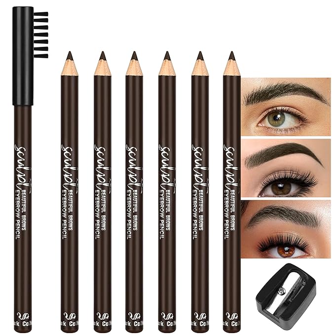 6Pcs Eyebrow pencil wooden，Brow Kit with Brush and Sharpener，Eyebrow Pencils for Women，Fine Tip Eye Brow Eye Liner for Eye Makeup,Shapes, Defines, Fills Brows (Dark Brown-04)