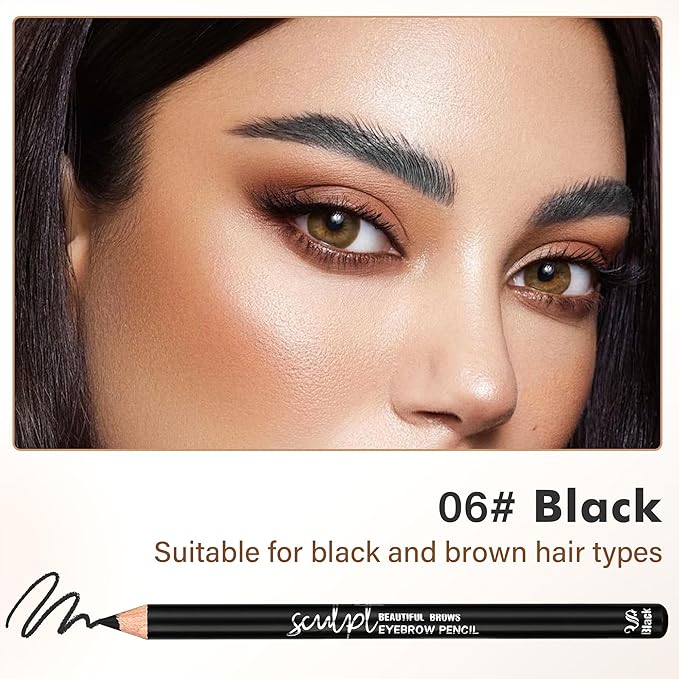 6Pcs Eyebrow pencil wooden，Brow Kit with Brush and Sharpener，Eyebrow Pencils for Women，Fine Tip Eye Brow Eye Liner for Eye Makeup,Shapes, Defines, Fills Brows (Blackest Black-06)