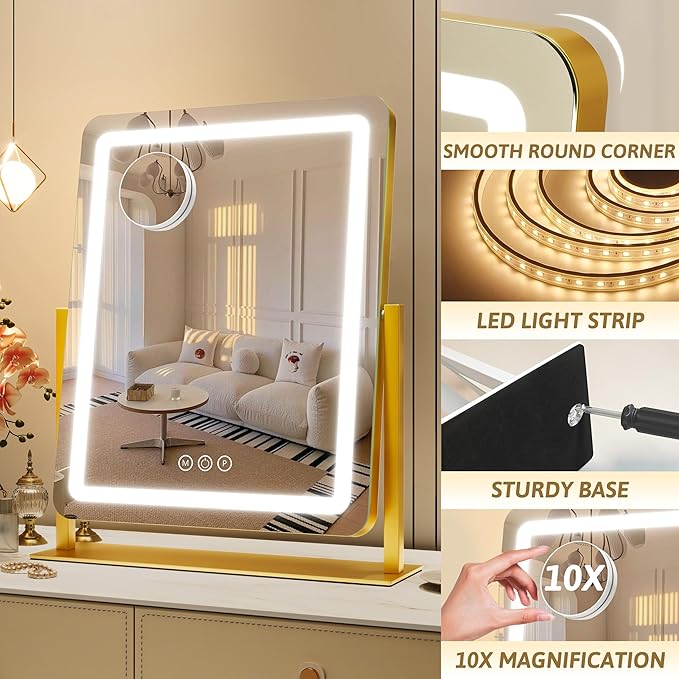 Vanity Mirror with Lights, 18"x22" LED Makeup Mirror with 10X Magnification, Smart Touch 3 Colors Dimmable, Light Up Mirror for Makeup Desk, 360° Rotation, Gold