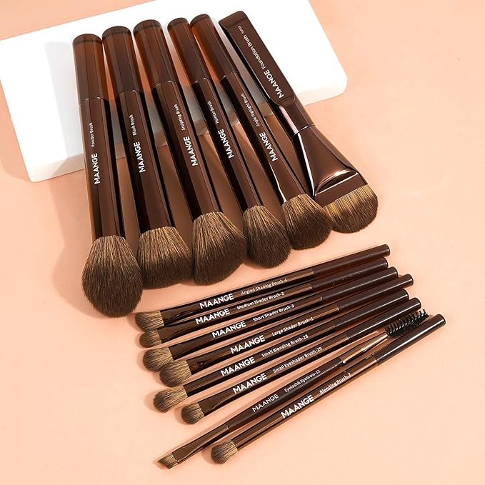 MAANGE 14-Piece Makeup Brush Set with Aluminum Ferrule- Premium Synthetic Makeup Brushes Kit Foundation Powder Brush Eye Shadow for Beginners & Professionals(Dark Coffe)