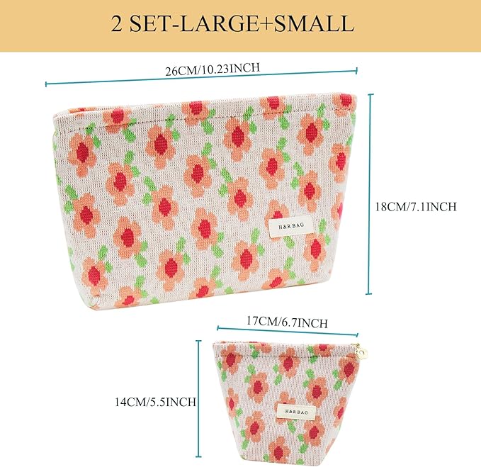 2 Pcs Makeup Bags, Large Cosmetic Bag Travel Toiletry Bag Organizer for Women, Embroidery Craft, Floral Makeup Bag Small Cosmetic Pouch Purse with Zipper Gifts for Girls Teen