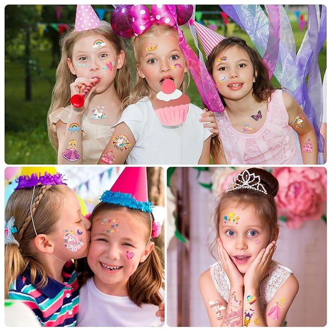 Unicorn Princess Temporary Tattoo for Kids, 270+ Pcs Rainbow Crown Unicorn Fake Tattoos for Girls’ Party Supplies Kids' Birthday Favor, 36 Sheets Waterproof Tattoos for 5 6 7 8 9 Years Old Girls
