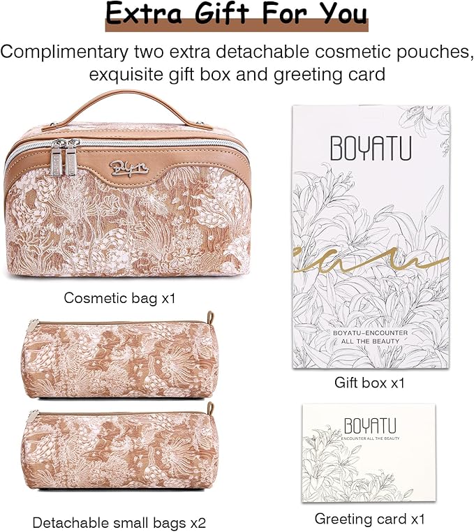 BOYATU Travel Makeup Bag for Women: Large Capacity Make up Bag with Compartments - Vegan Leather Cosmetic Bag set of 3 - Waterproof Toiletry Bag with Handle & Divider(D-05Orange)