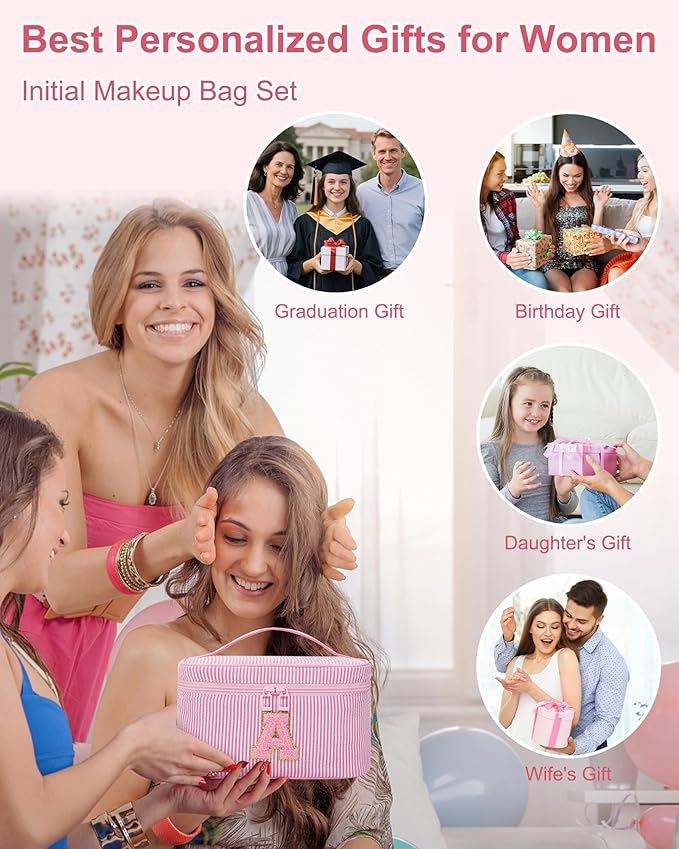 MONSTINA Initial Makeup Bags for Women|Cosmetic Bag for Travel Toiletry - Birthday Gifts for 11 12 13 14 15 16 17 18 Years Old Girls- Graduation Teen Girl Gifts Trendy Stuff Teacher Gift,Pink S