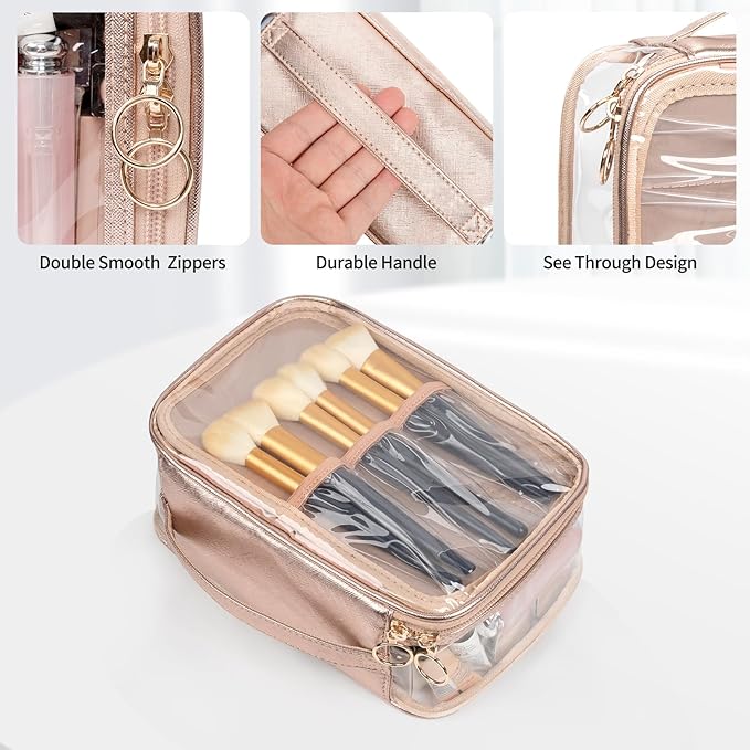 OCHEAL Clear Makeup Bag, Portable Makeup Organizer Cosmetic Bag, Large Travel Makeup Bag Cute Clear Pouch For Women and Girls Cosmetics Bags with Divider Makeup Brush Compartment-Rose Gold