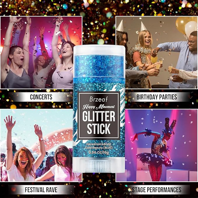 Brzeaf Waterproof Blue Glitter Stick, Halloween Festival Rave Accessories, Safe Ingredients & Long Lasting, Hair Eyeshadow Face Glitter Stick, Singer Concert Music Rave Festival, Glitter Makeup