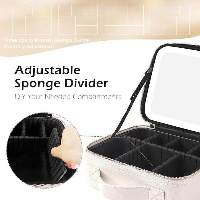 MOMIRA Travel Makeup Bag Cosmetic Bag Makeup Organizer Bag with Lighted Mirror, Adjustable Brightness in 3 Color Scenarios, Waterproof Makeup Train Case, Gift for Women - Khaki