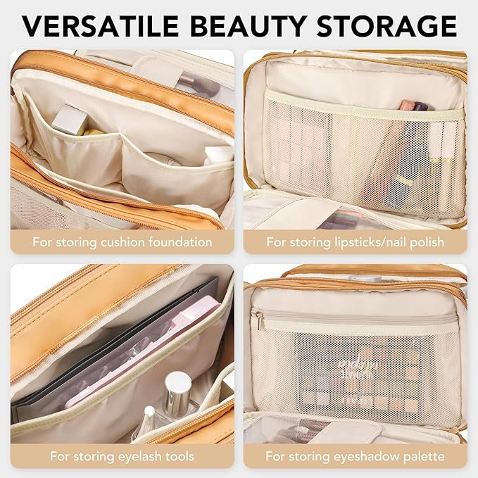 Travel Makeup Bag Women's Large Capacity Cosmetic Portable Organizer Large Opening Waterproof Storage Toiletry Bags Vertical Free-Standing Brush Holder for Easy Access Orange