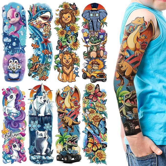 52 Sheets Temporary Tattoos for Kids, Full Arm Sleeve Fake Tattoos for Boys Girls Birthday Party Favors, Waterproof Tattoos with Unicorn Lion Tiger Shark Butterfly Dinosaurs Patterns