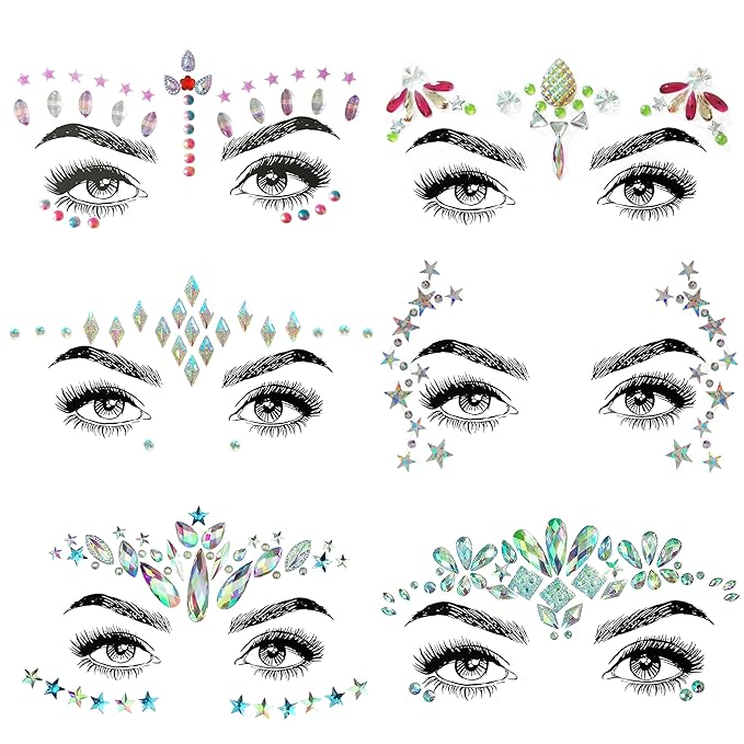 6 Pcs Music Festival Face Jewels, Rhinestone Rave Face Gems Glitter,Crystal Birthday Party Festival Face Sticker, Eyes Face Body Temporary Tattoos for Festival Party