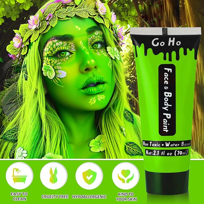 Go Ho Amazon Green Face Body Paint Washable(2.37oz/pc),Water Based Cream Body Paint,Green Accessories,Halloween Costumes Cosplay SFX Fiti Goblin Gamora Beast Boy Makeup