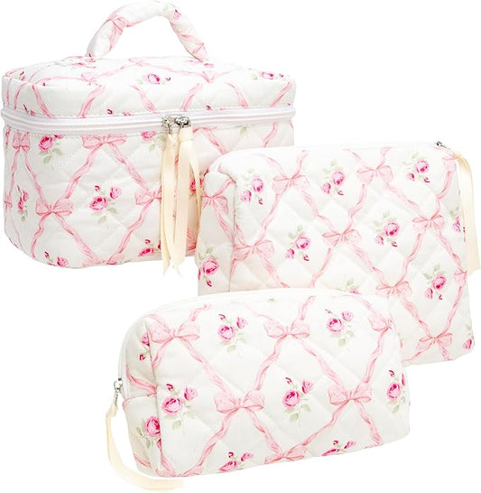 PAZIMIIK 3PCS Makeup Bag SET Large Travel Quilted Zipper Soft Cosmetic Case Pouch for Women Girls Make Up,Bow Rose
