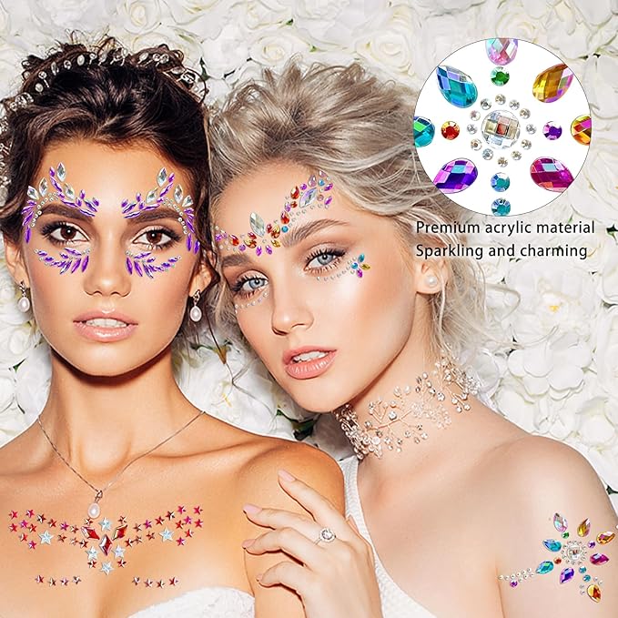 12 Sets Face Jewel Face Gems Mermaid Glitter Rhinestone Crystal Stickers Waterproof Eyes Face Temporary Tattoos for Party,Rave Festival,Carnival,Holiday Costumes,Rave Accessories,Makeup