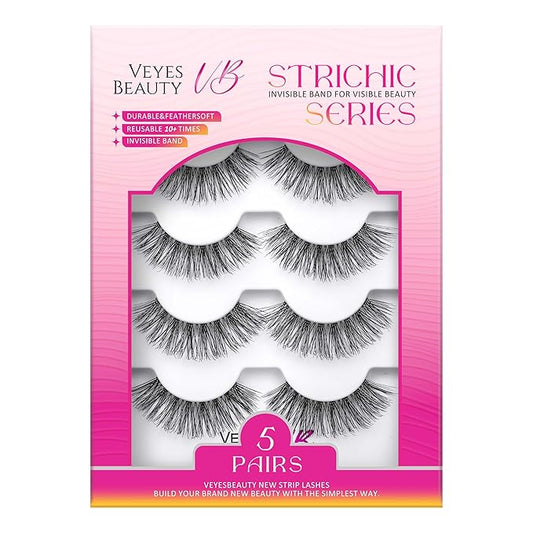 VEYESBEAUTY False Eyelashes Wispy Lashes Lightweight Natural Look Fluffy 3D Layered Volume Faux Mink Thin & Invisible Band Dreamy Lashes, Comfortable and Reusable, 5 Pairs